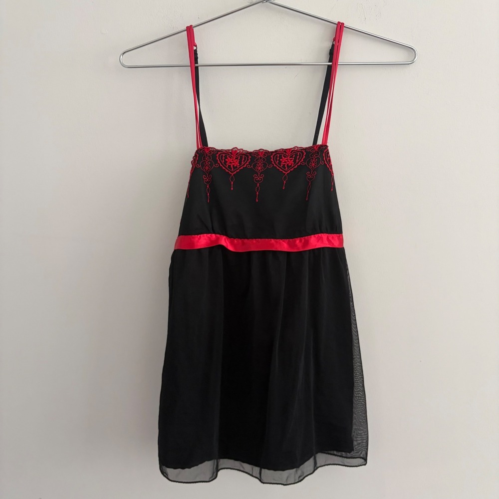 Bodyguard Black Mesh Babydoll Top Red Lace Embroidery Ribbon Y2K Goth